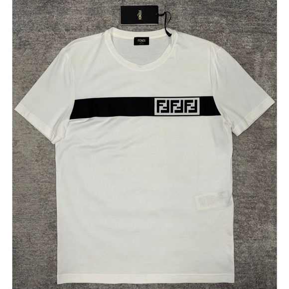 Fendi White Black Striped FF Logo Monogram Short Sleeve Cotton T-Shirt Large L - Picture 2 of 15